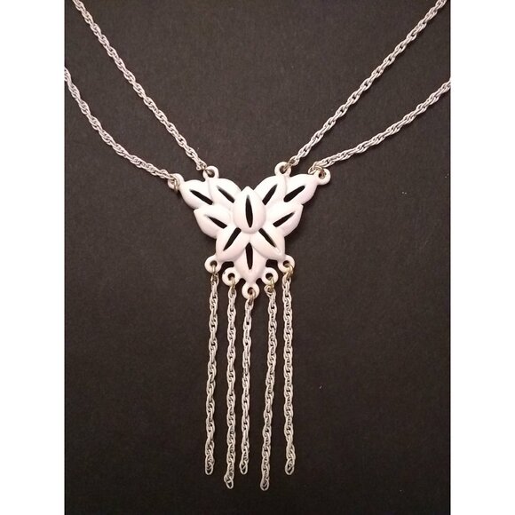 Vtg Crown Trifari Necklace white enamel on metal tassel butterfly floral READ - Picture 2 of 12